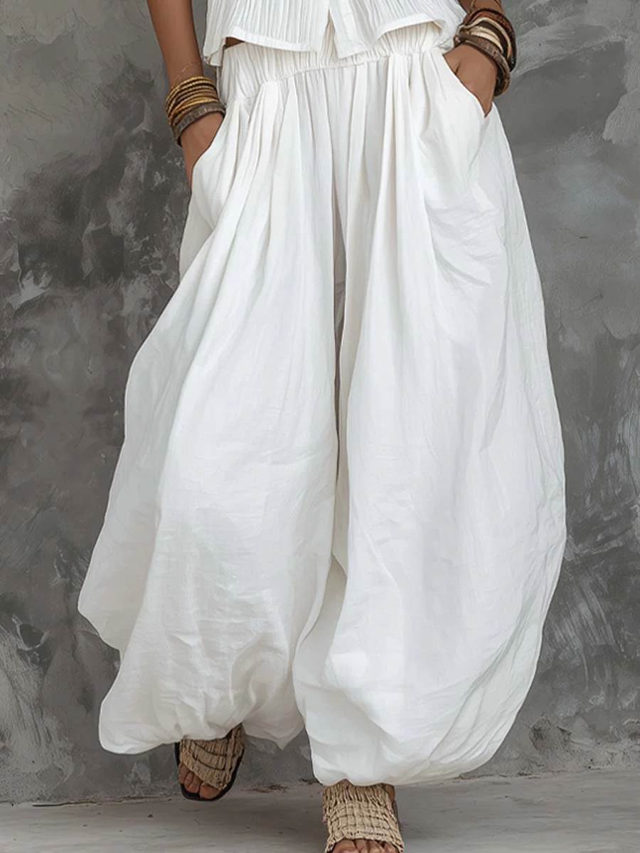 Retro Pleated Vest Cotton-Linen Lantern Pants Two-Piece Set - Image 3