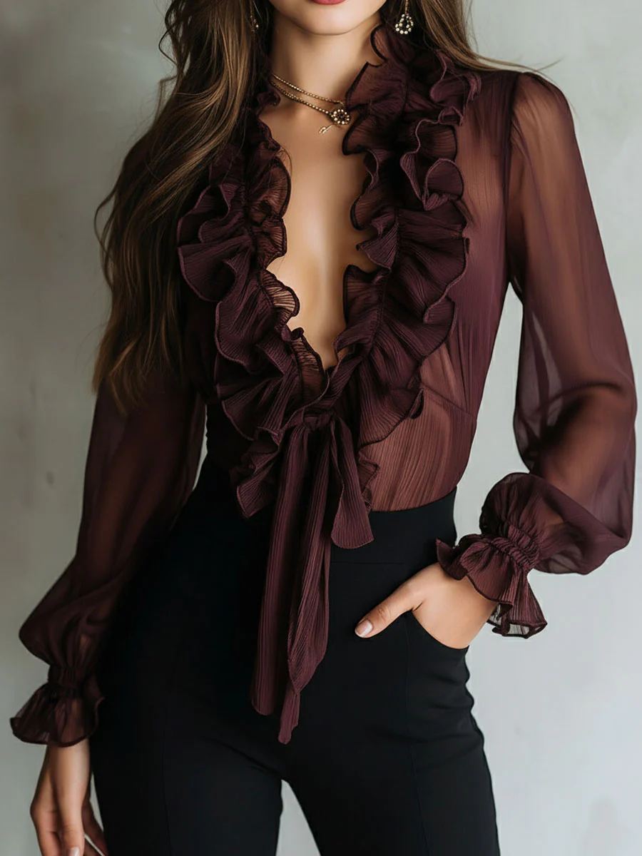 Retro Plum Sheer Ruffled Tie-Front Chiffon Blouse - Image 3