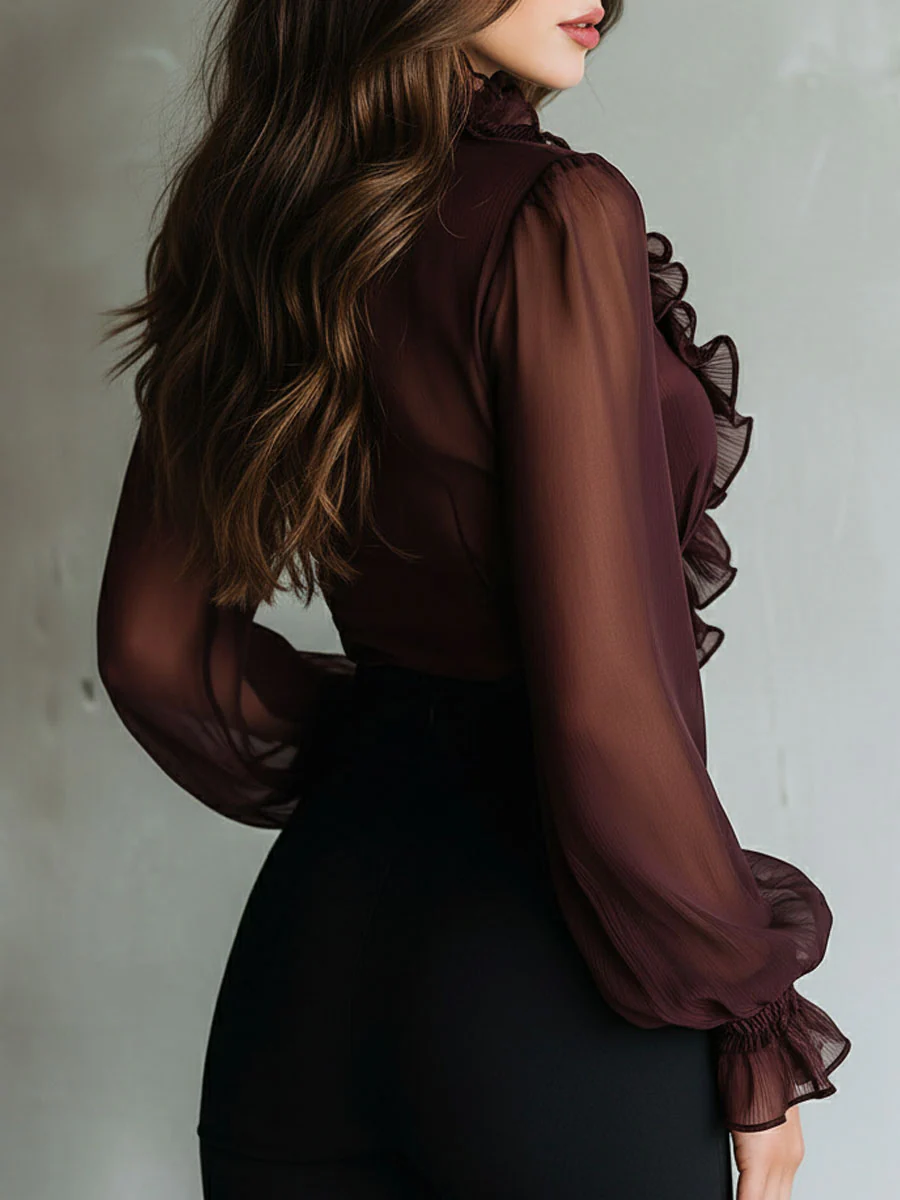 Retro Plum Sheer Ruffled Tie-Front Chiffon Blouse - Image 4