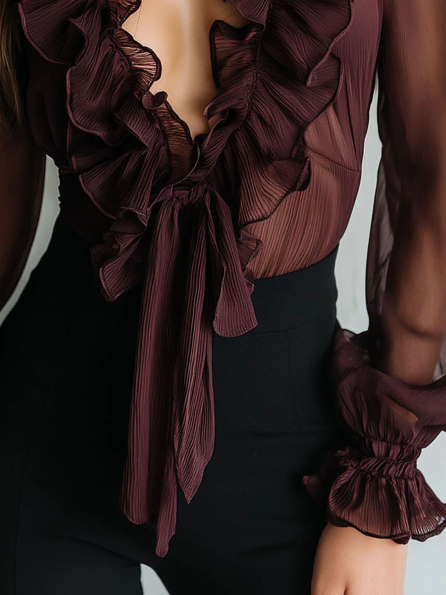 Retro Plum Sheer Ruffled Tie-Front Chiffon Blouse - Image 6