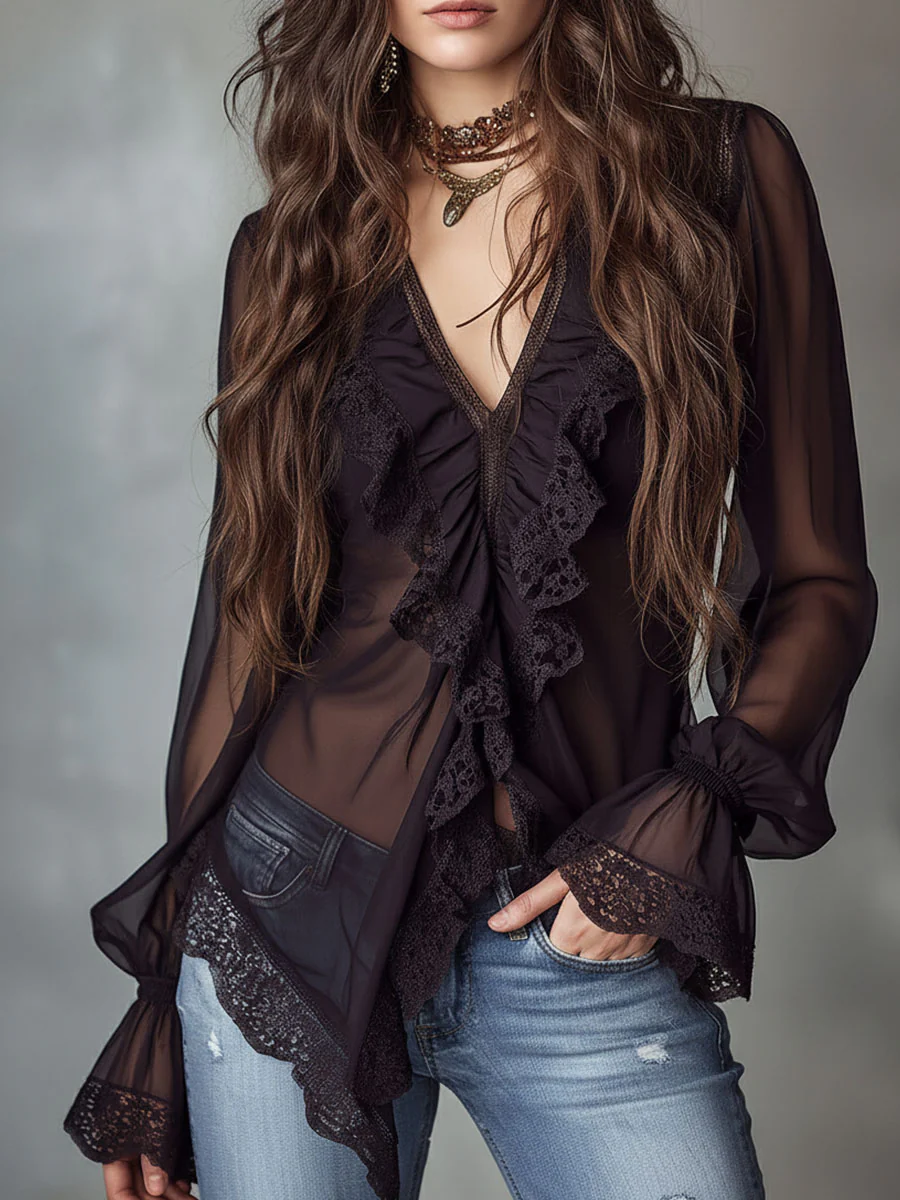 Retro Romantic Black Lace Trim Sheer Chiffon Ruffle Blouse - Image 3
