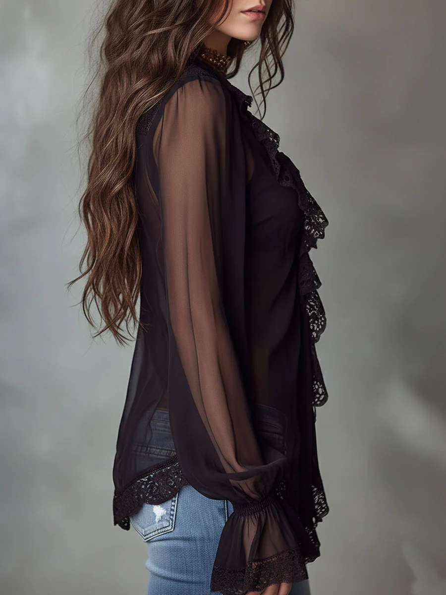 Retro Romantic Black Lace Trim Sheer Chiffon Ruffle Blouse - Image 5