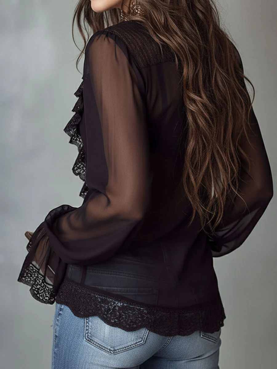 Retro Romantic Black Lace Trim Sheer Chiffon Ruffle Blouse - Image 6