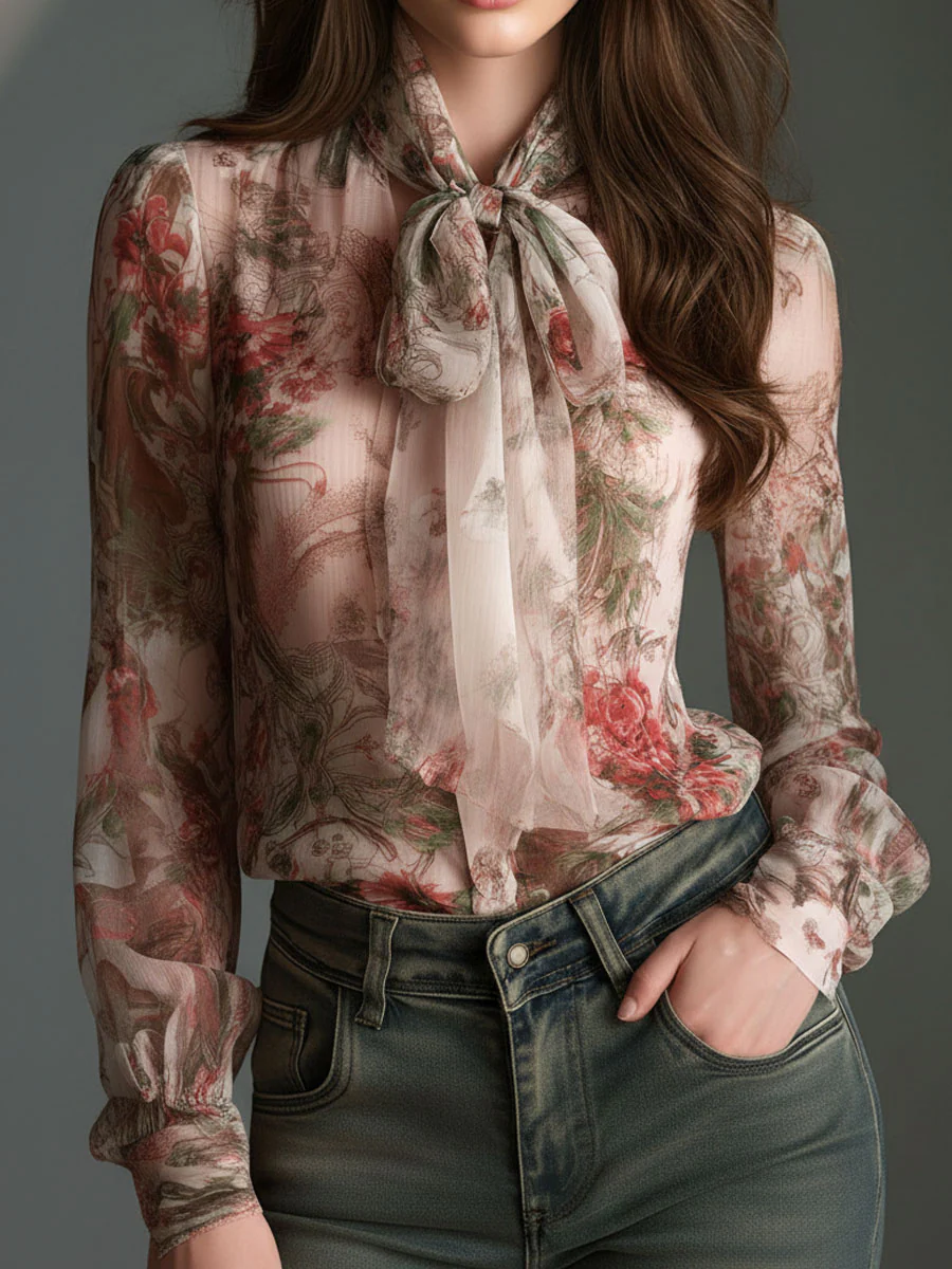 Retro Romantic Floral Chiffon Bow-Tie Blouse - Image 2