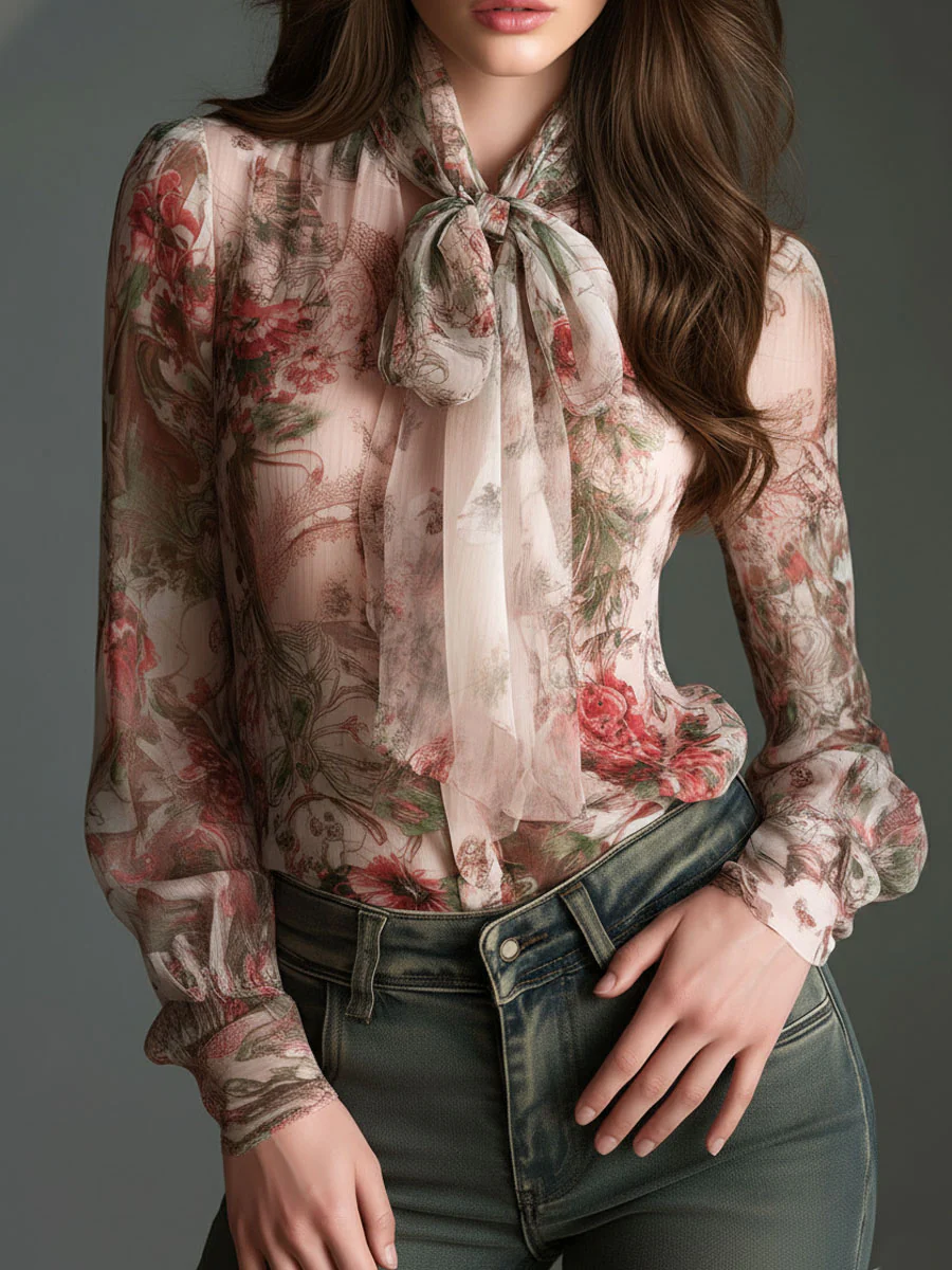 Retro Romantic Floral Chiffon Bow-Tie Blouse - Image 3