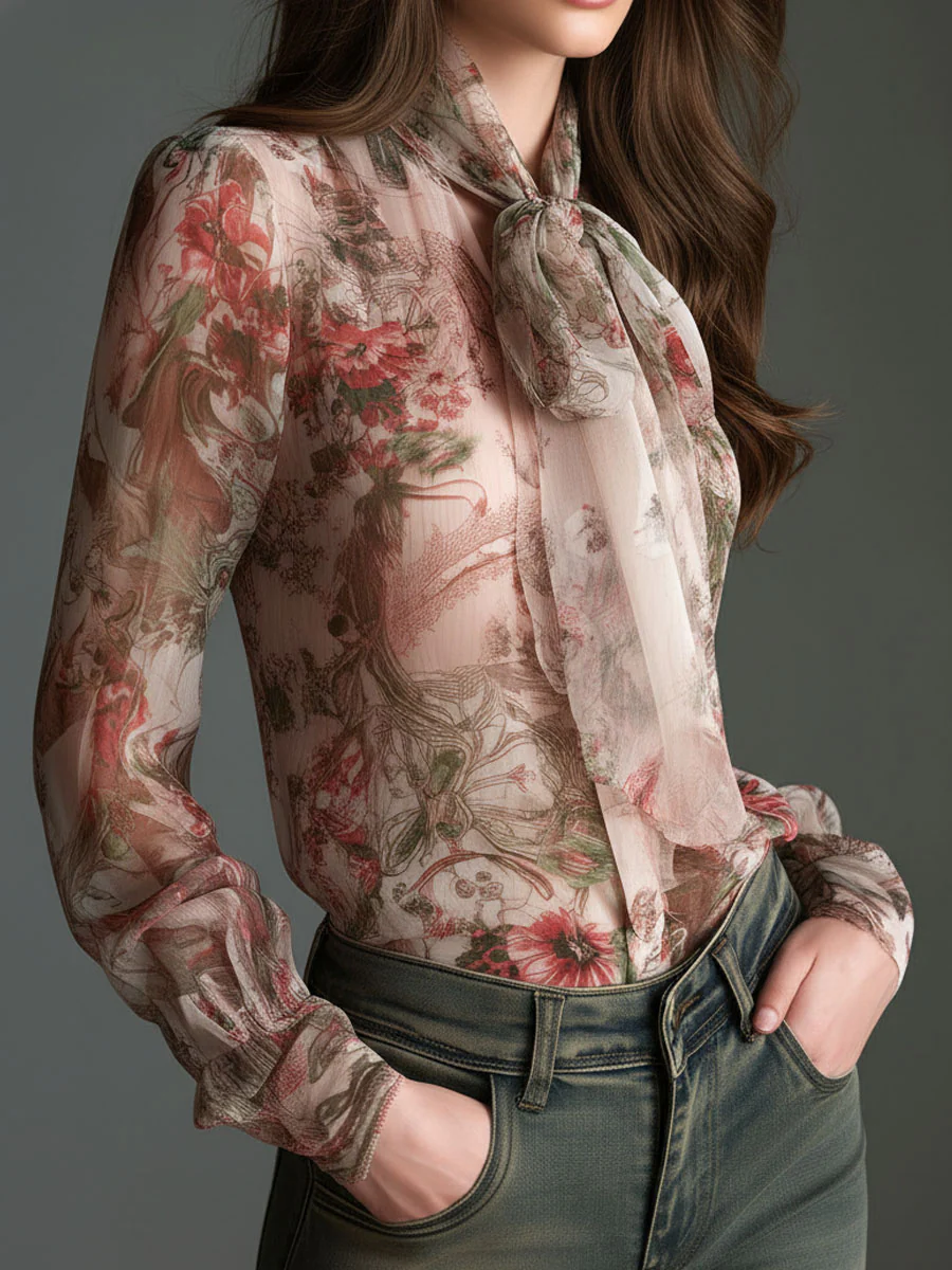 Retro Romantic Floral Chiffon Bow-Tie Blouse - Image 4