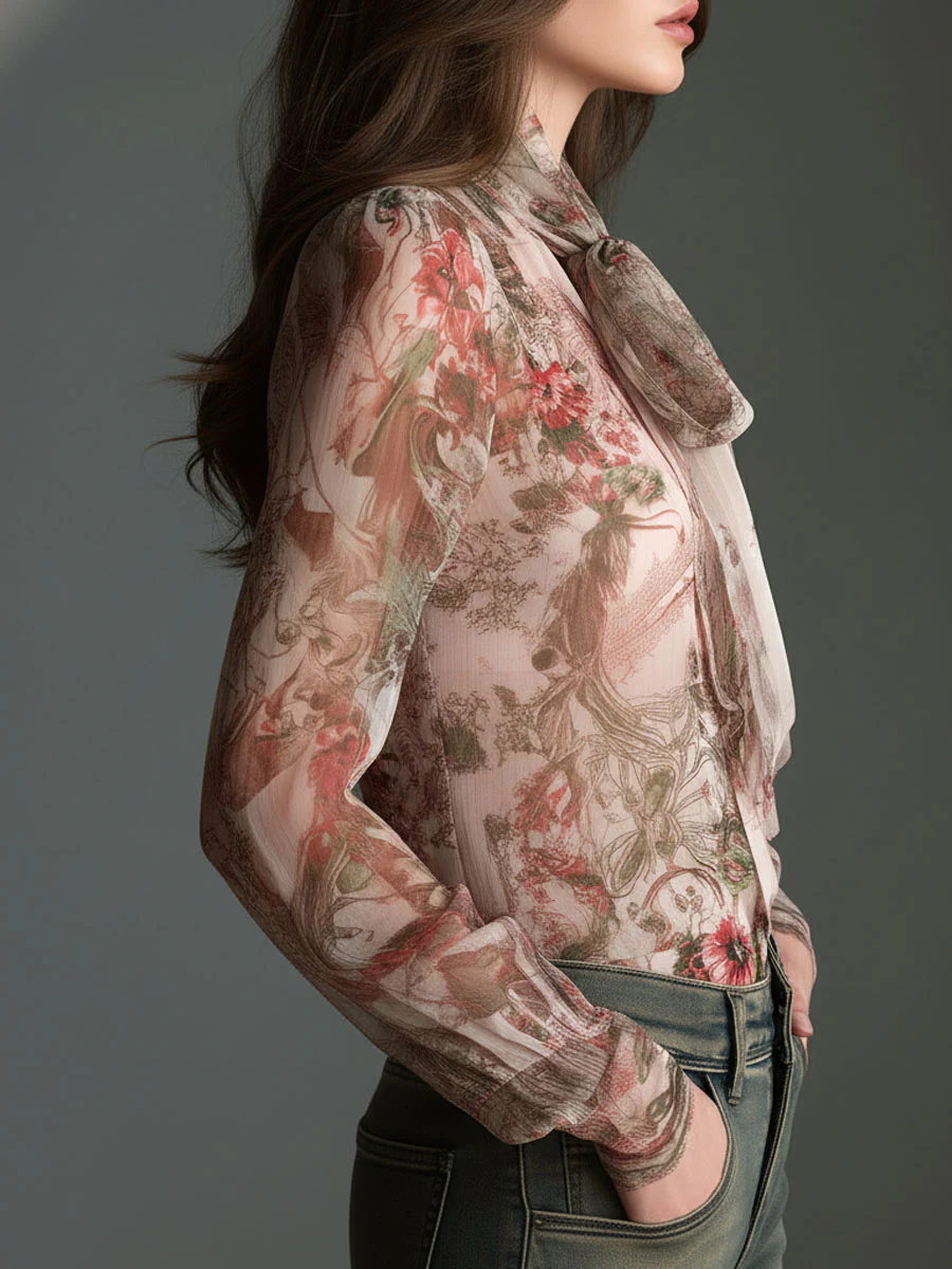 Retro Romantic Floral Chiffon Bow-Tie Blouse - Image 5