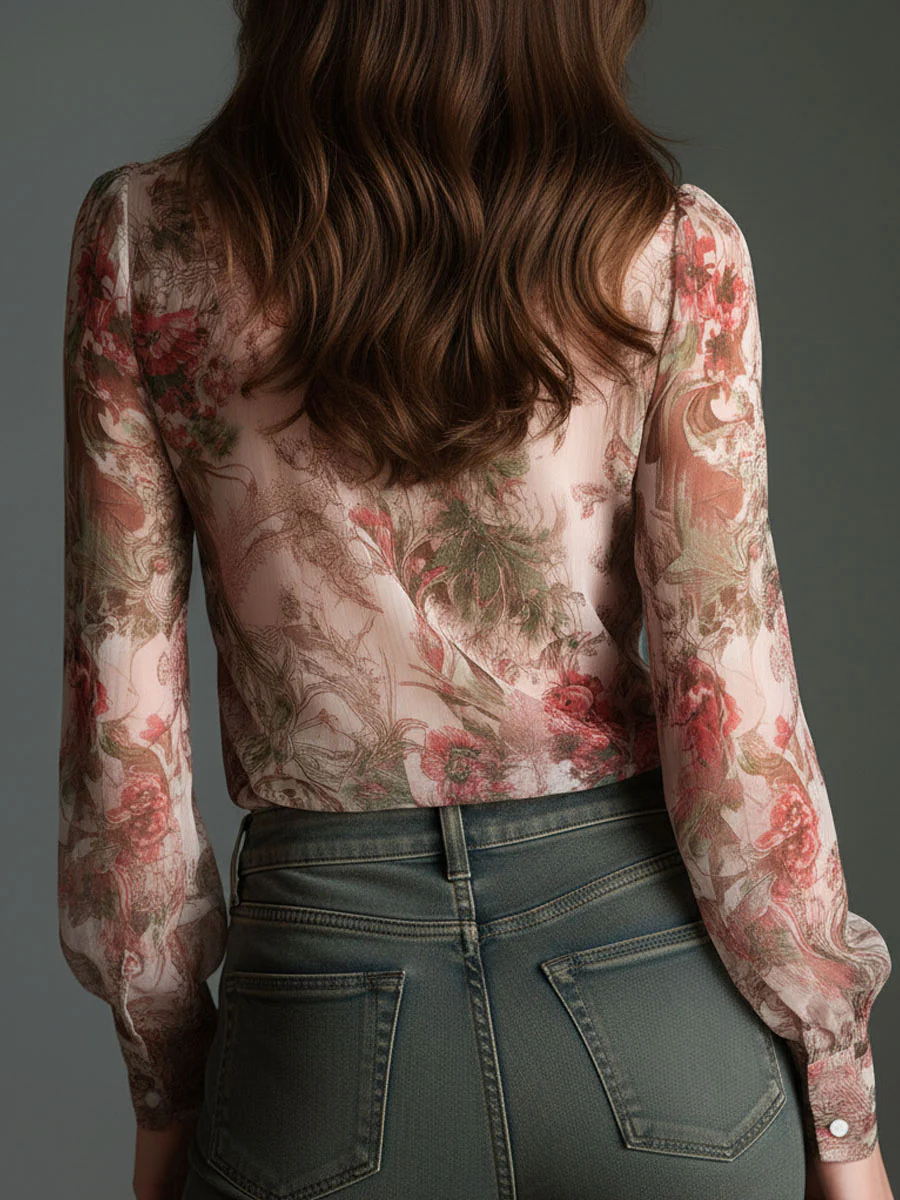Retro Romantic Floral Chiffon Bow-Tie Blouse - Image 6
