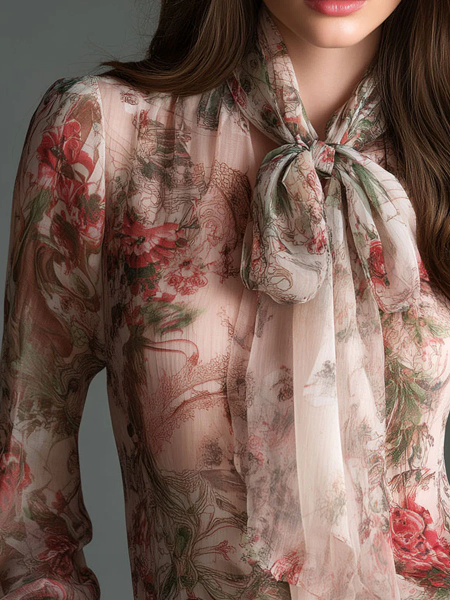 Retro Romantic Floral Chiffon Bow-Tie Blouse - Image 8
