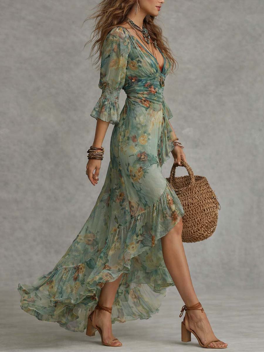 Retro Romantic Floral Wrap Long Dress - Image 2