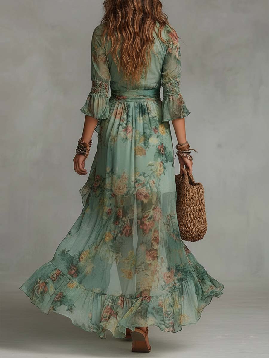 Retro Romantic Floral Wrap Long Dress - Image 3