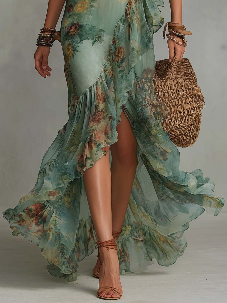 Retro Romantic Floral Wrap Long Dress - Image 4