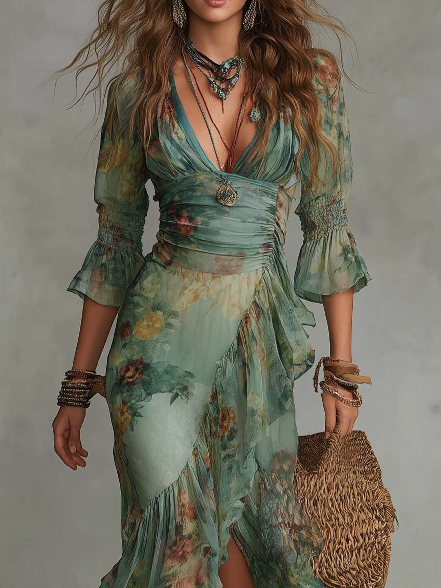 Retro Romantic Floral Wrap Long Dress - Image 5