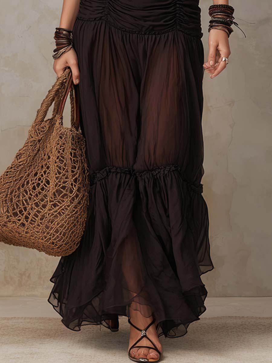 Retro Ruched Waist Sheer Hem Maxi Dress - Image 2