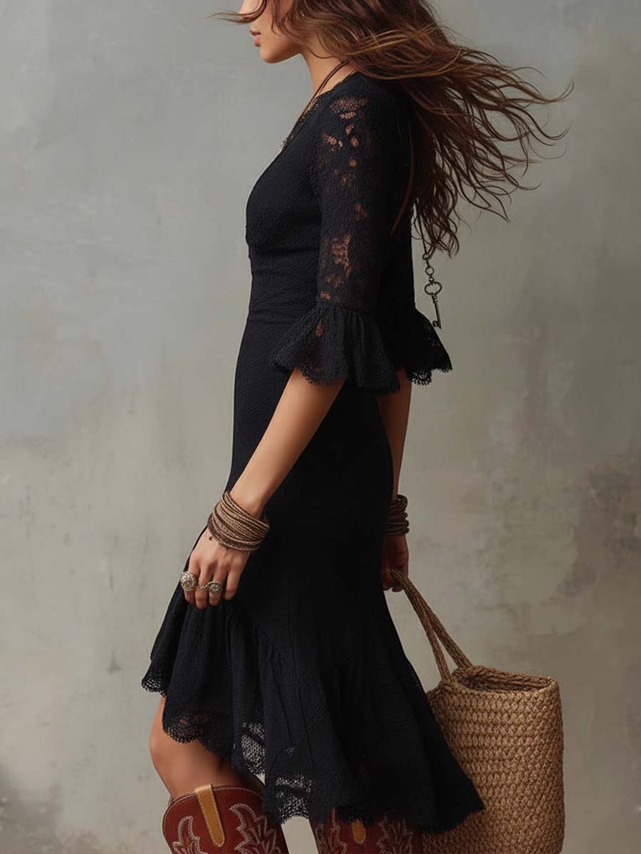 Retro Ruffle Cuffs Flare Skirt Lace Midi Dress - Image 2
