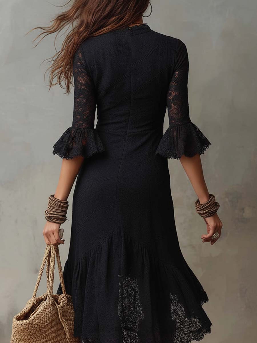 Retro Ruffle Cuffs Flare Skirt Lace Midi Dress - Image 3