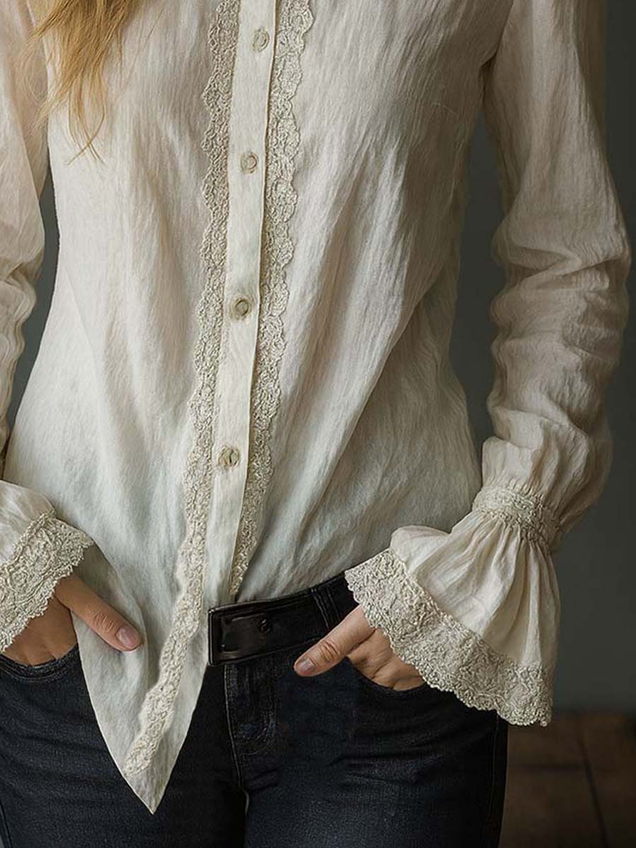 Retro Ruffle Cuffs Lace Blouse - Image 3