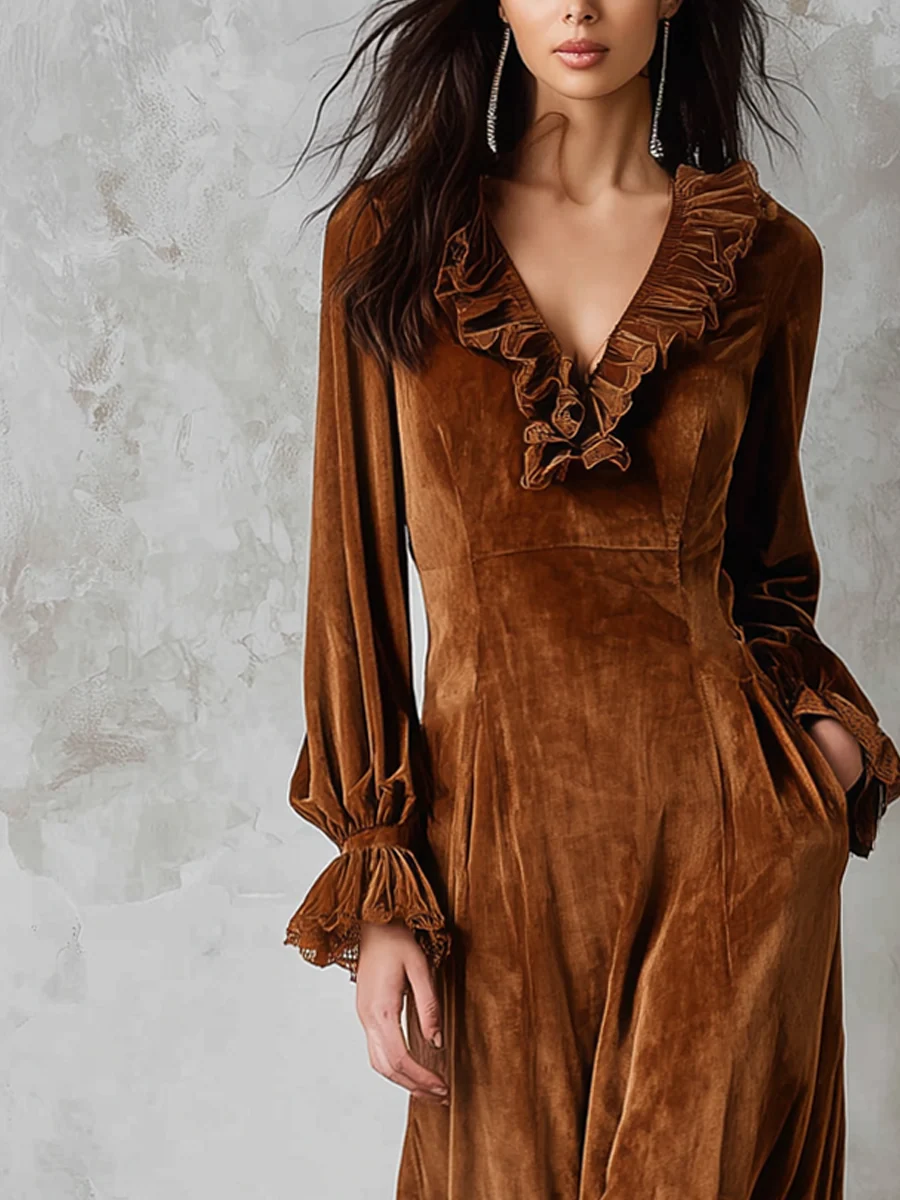 Retro Ruffle Neck Lace Trim Eco-friendly Velvet Midi Dress - Image 2