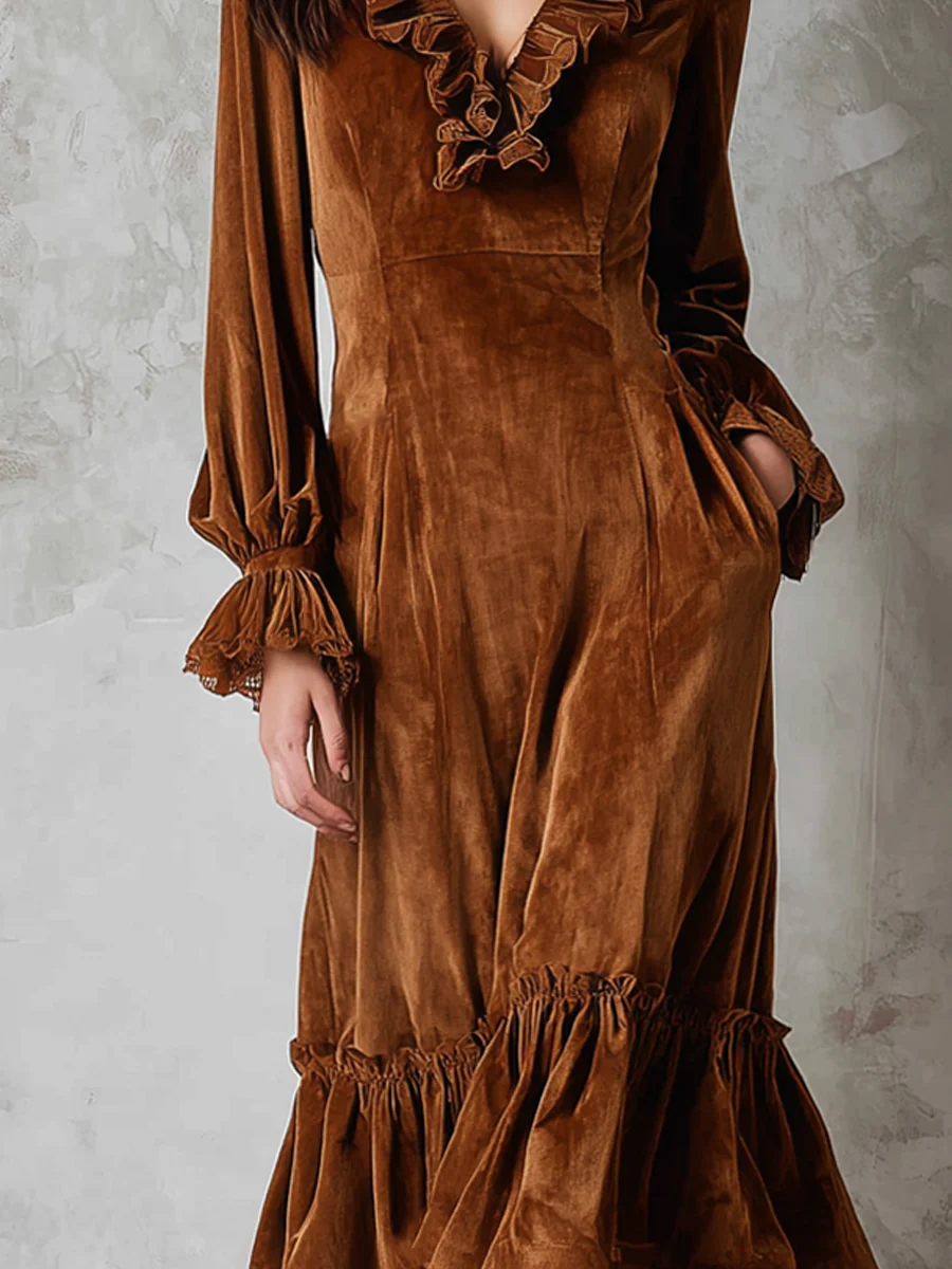 Retro Ruffle Neck Lace Trim Eco-friendly Velvet Midi Dress - Image 3