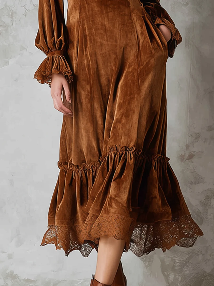 Retro Ruffle Neck Lace Trim Eco-friendly Velvet Midi Dress - Image 4