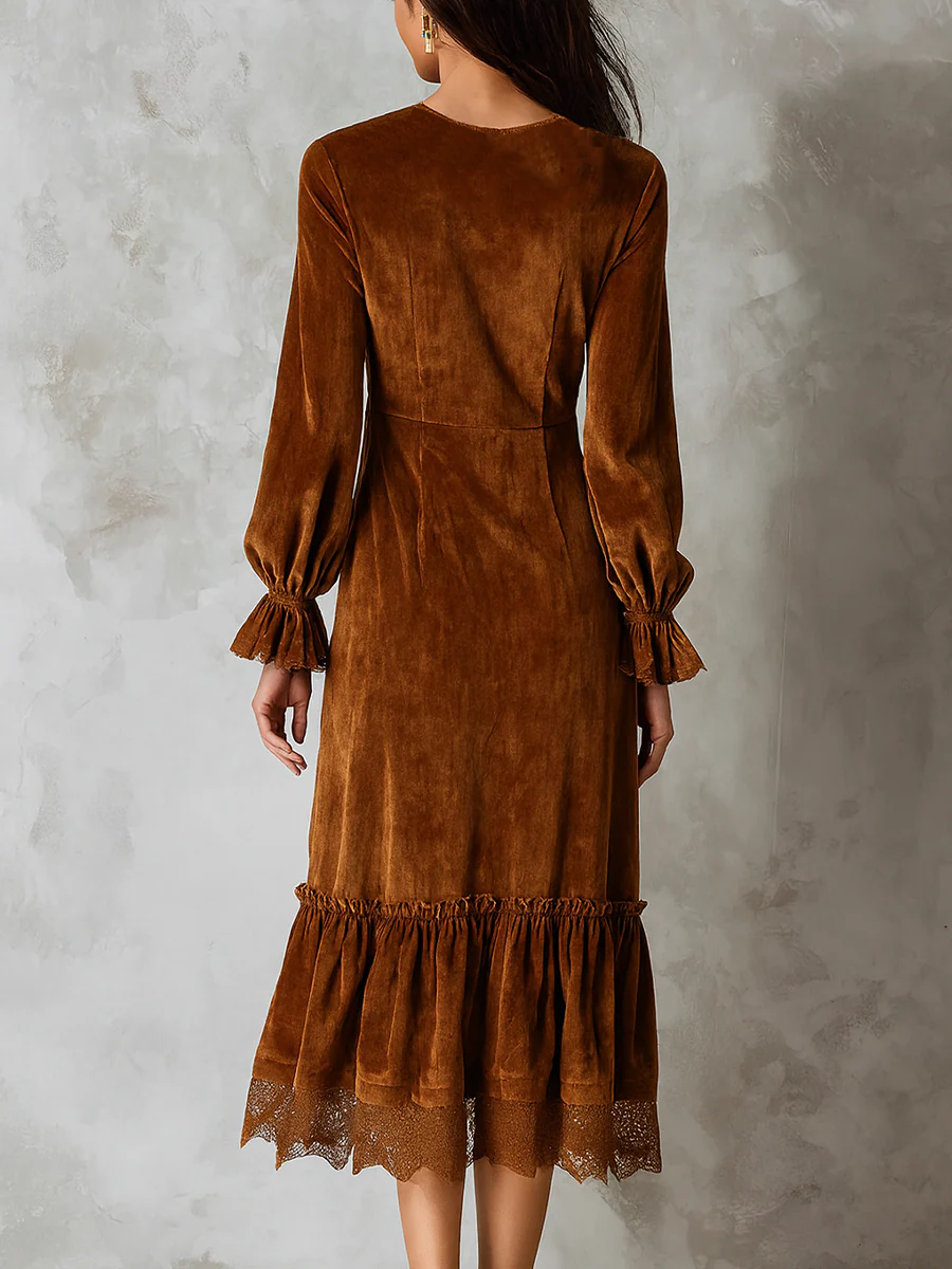 Retro Ruffle Neck Lace Trim Eco-friendly Velvet Midi Dress - Image 5