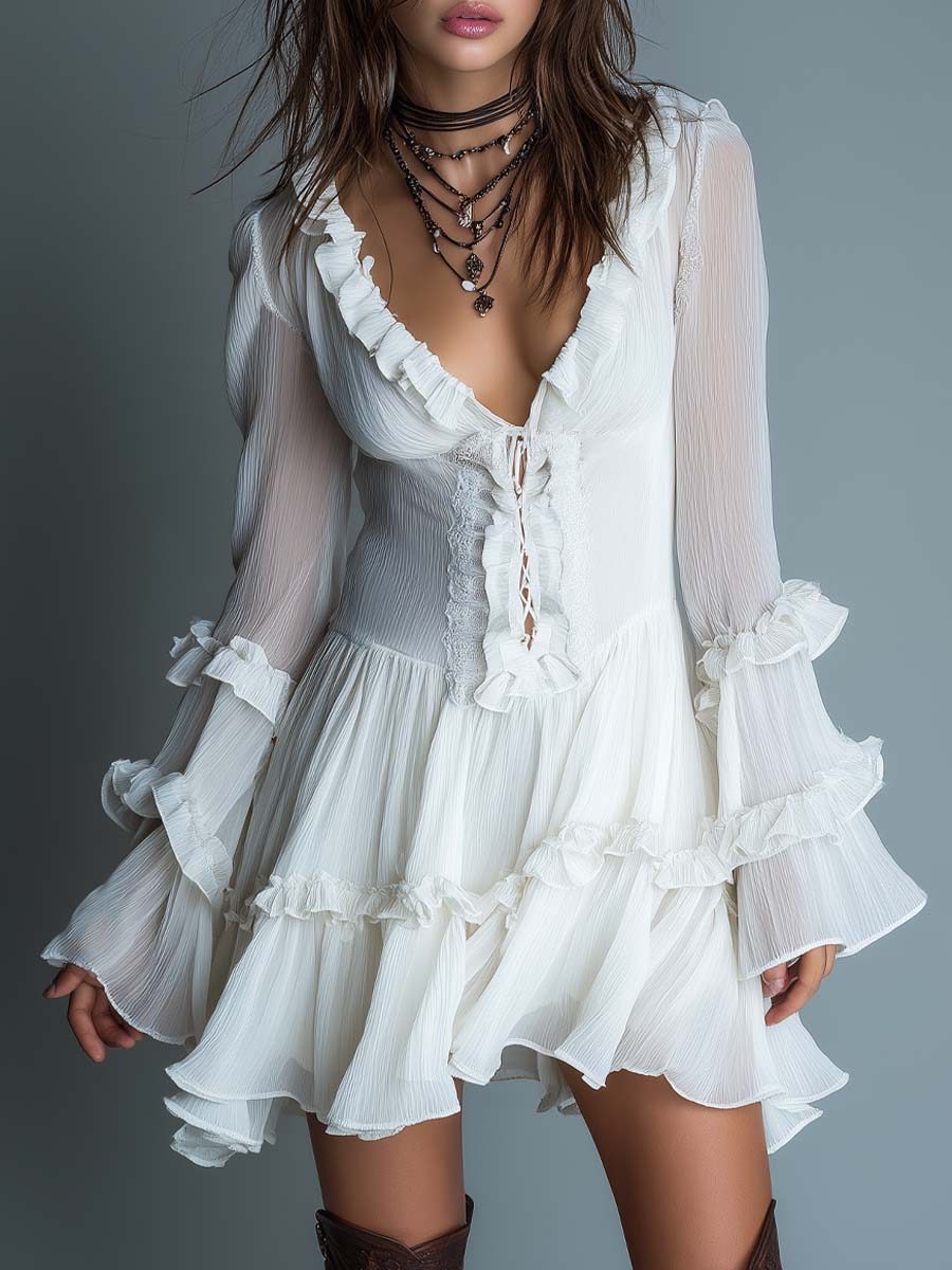 Retro Ruffle-Neck Pleated Chiffon Mini Dress