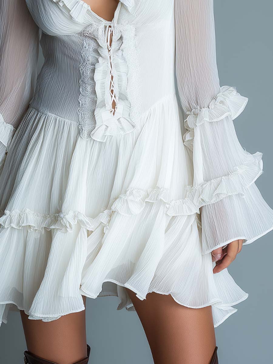 Retro Ruffle-Neck Pleated Chiffon Mini Dress - Image 3