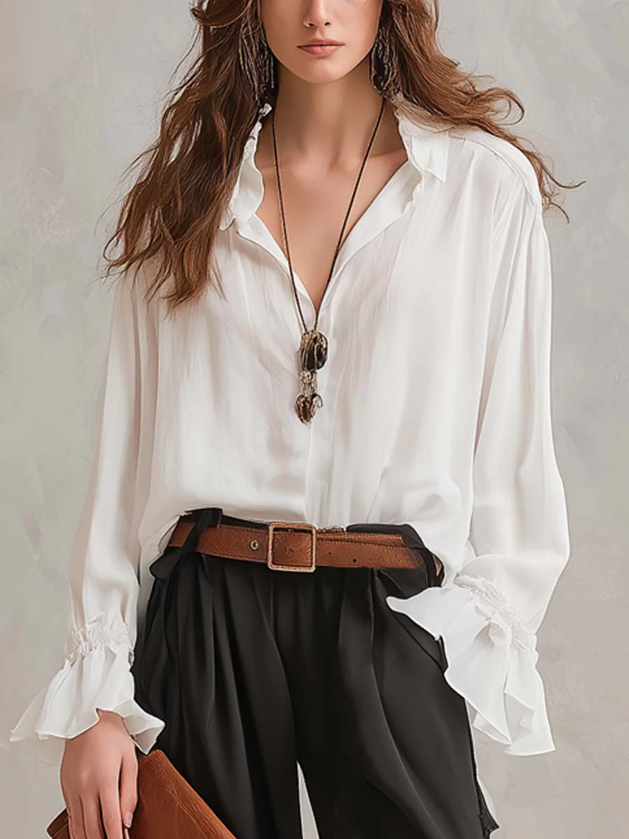 Retro Ruffled Chiffon Shirt And Pants Two-piece Set - Image 3