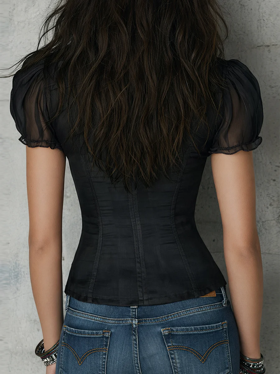 Retro Ruffled Neckline Satin Slim-fit Chiffon Short-sleeved Blouse - Image 5