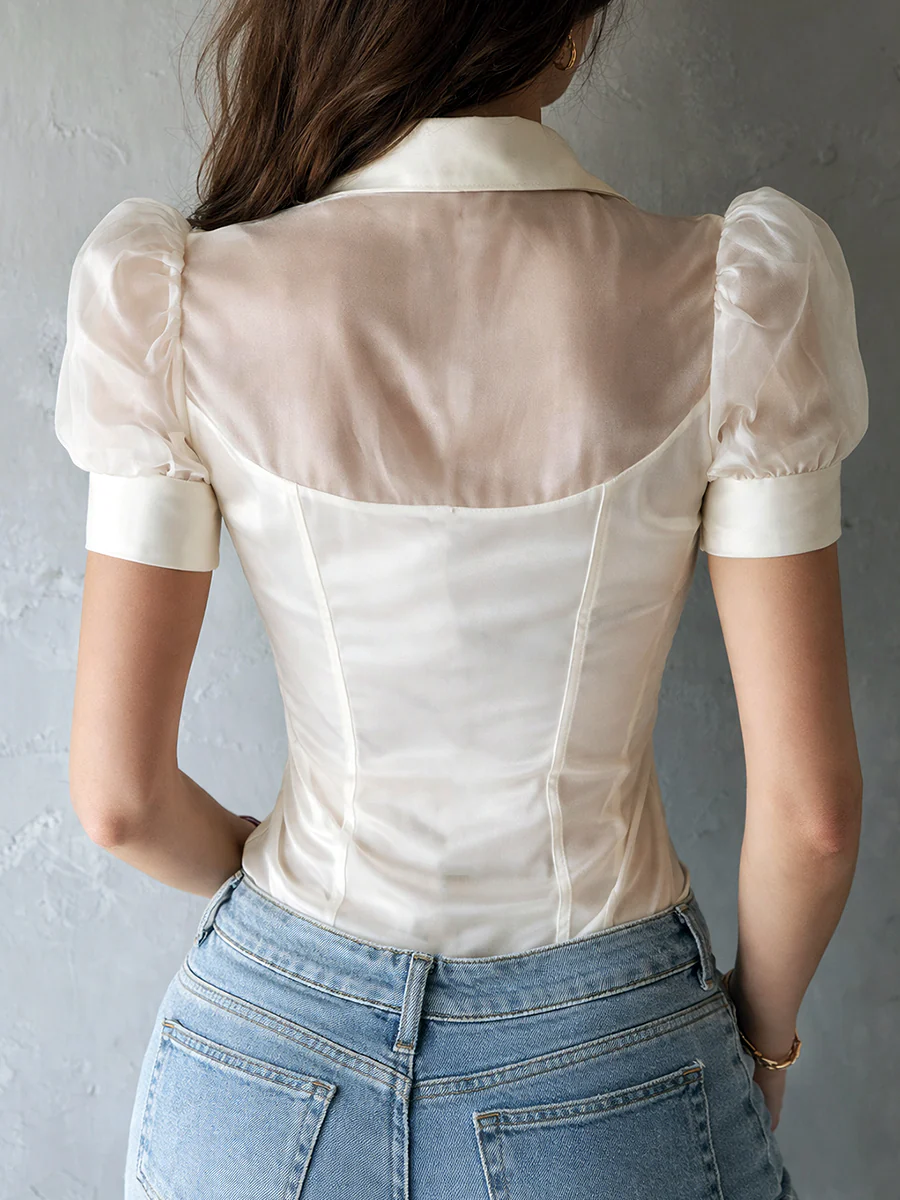 Retro Satin Puff Short Sleeve Blouse - Image 2