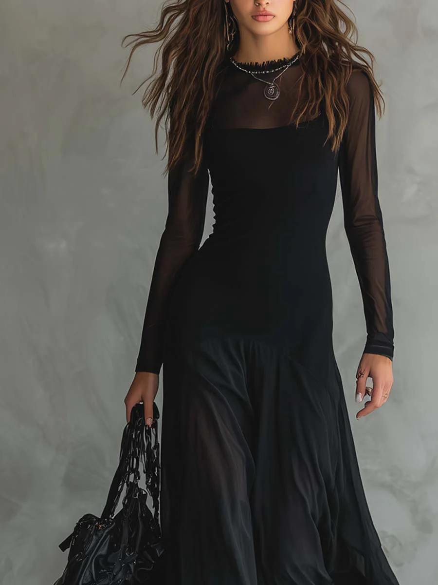 Retro Sheer Sleeves Maxi Dress - Image 3