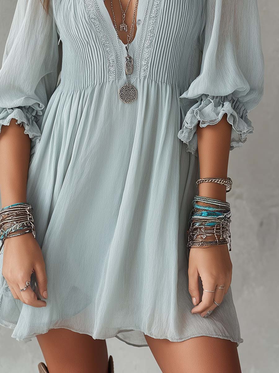 Retro Short-sleeved Ruffle Cuffs Chiffon Mini Dress - Image 4