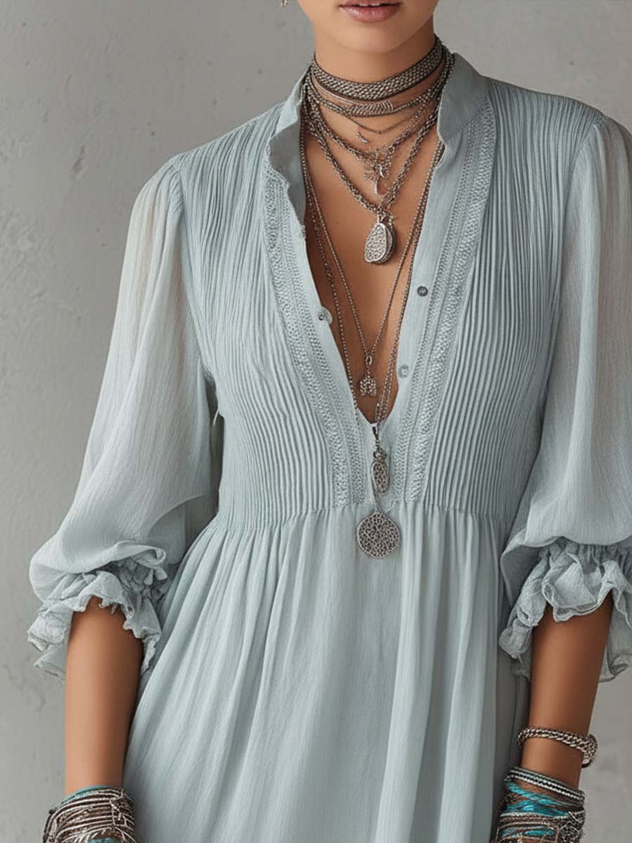 Retro Short-sleeved Ruffle Cuffs Chiffon Mini Dress - Image 5