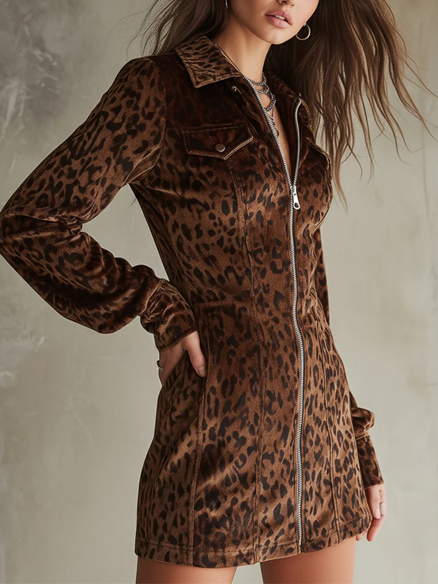 Retro Short Velvet Leopard Print Lantern Sleeve Mini Dress - Image 3