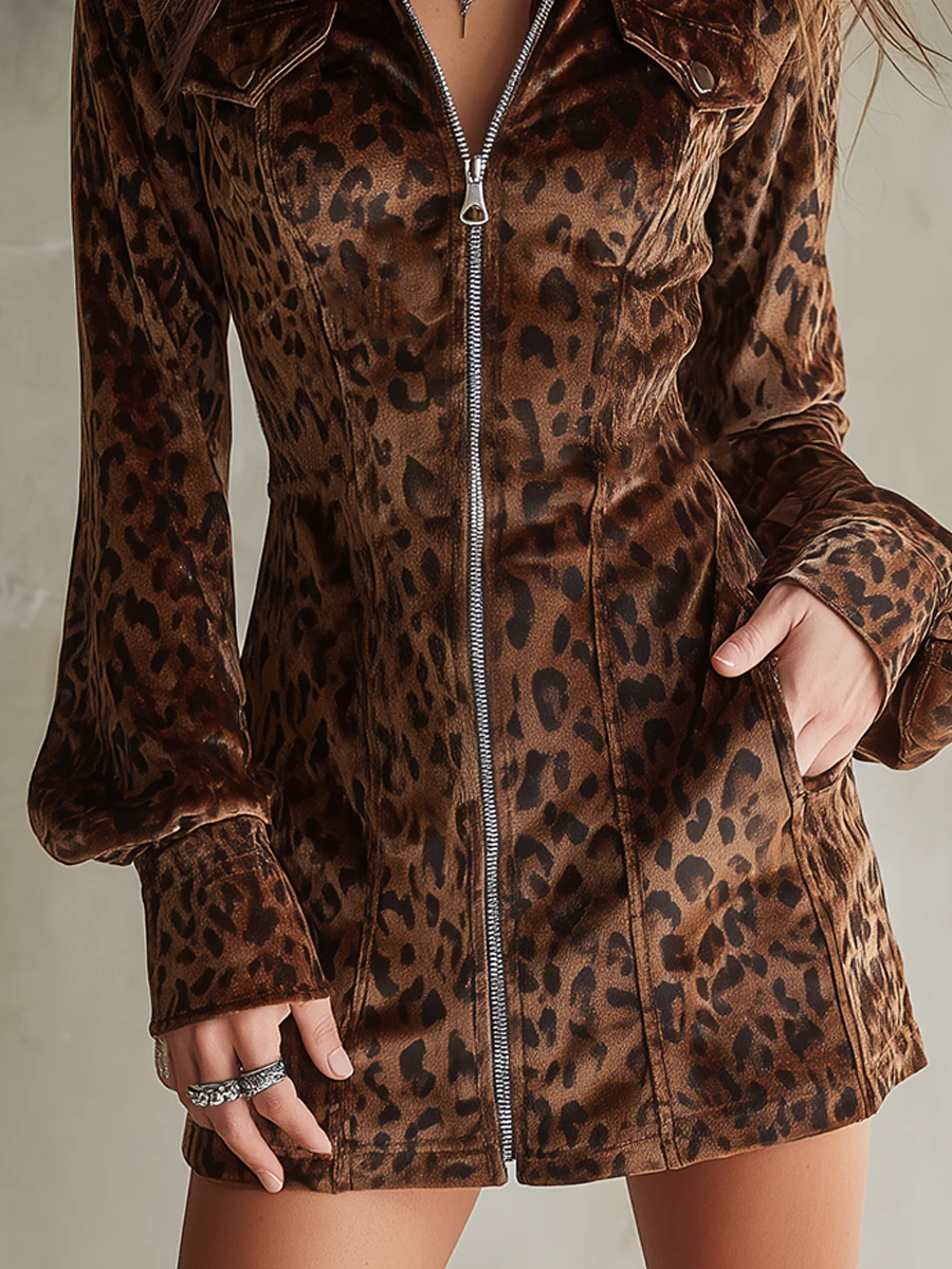 Retro Short Velvet Leopard Print Lantern Sleeve Mini Dress - Image 5