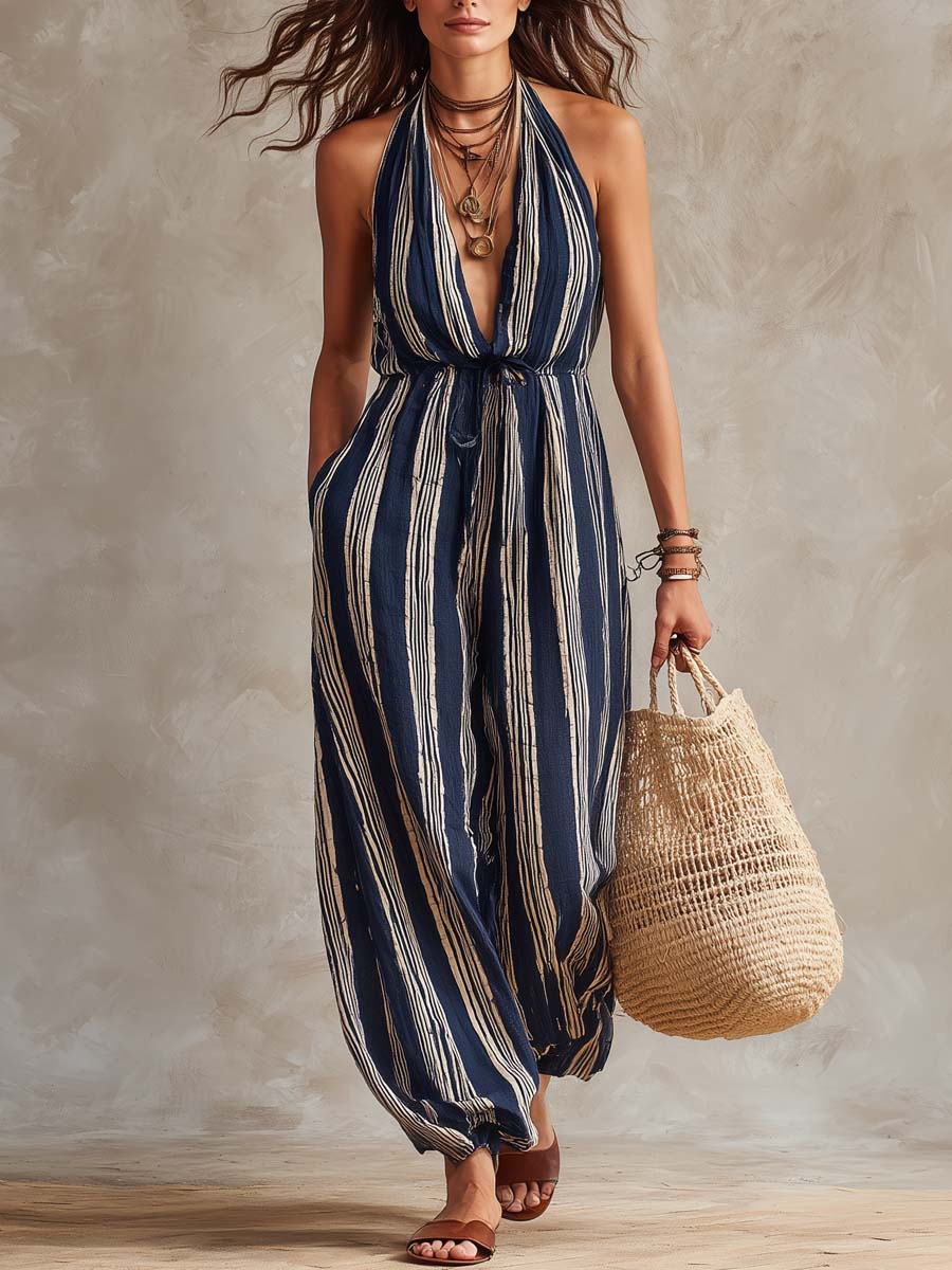 Retro Sleeveless Striped Jumpsuit
