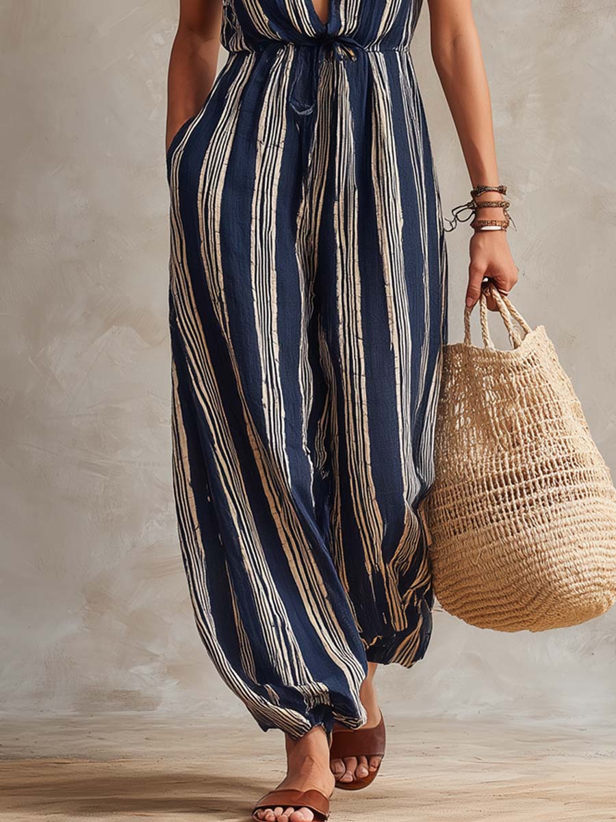 Retro Sleeveless Striped Jumpsuit - Image 3