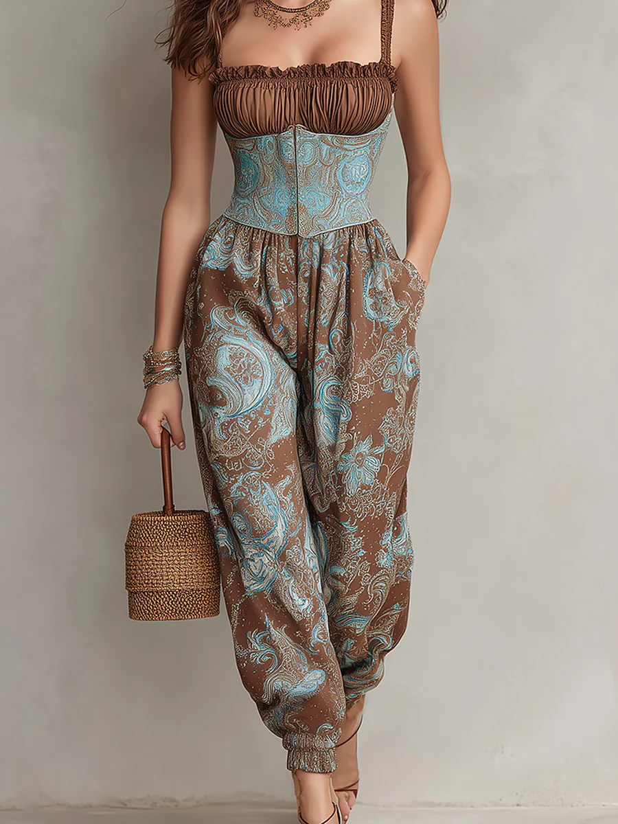 Retro Smocked Paisley-Print Lantern-Leg Jumpsuit - Image 2
