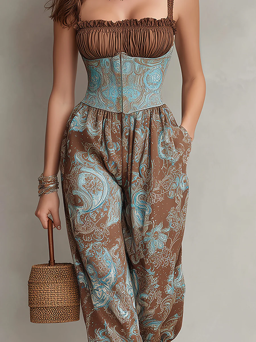 Retro Smocked Paisley-Print Lantern-Leg Jumpsuit - Image 3