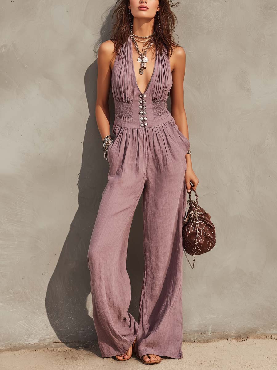 Retro Smocked-Waist Cotton-Linen Jumpsuit