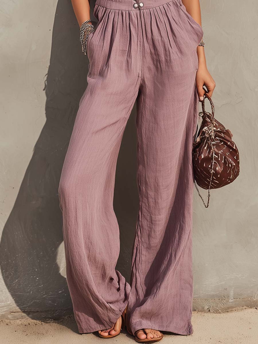 Retro Smocked-Waist Cotton-Linen Jumpsuit - Image 3