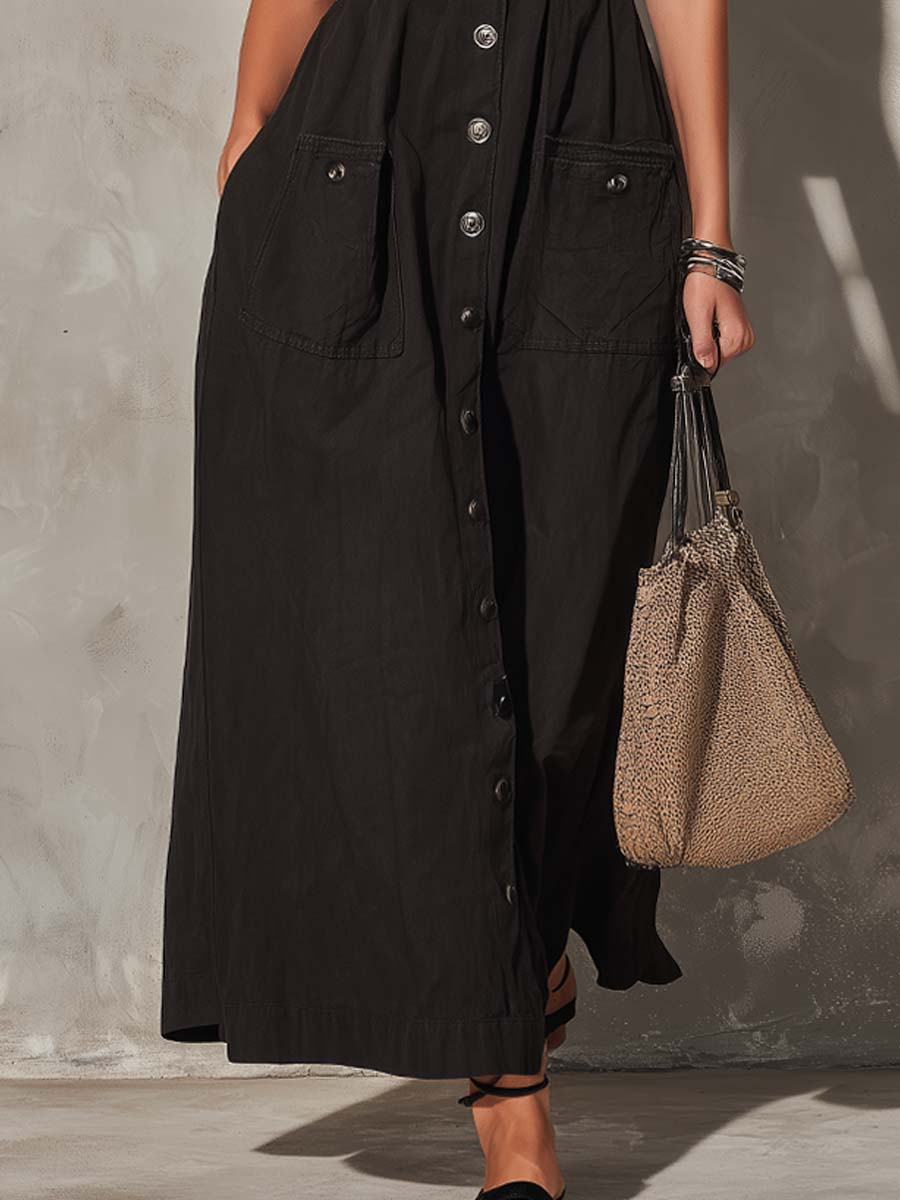 Retro Square-Neck Button-Front Cotton-Linen Midi Dress - Image 2