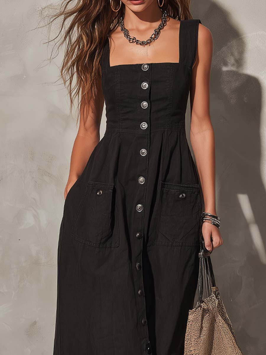 Retro Square-Neck Button-Front Cotton-Linen Midi Dress - Image 3