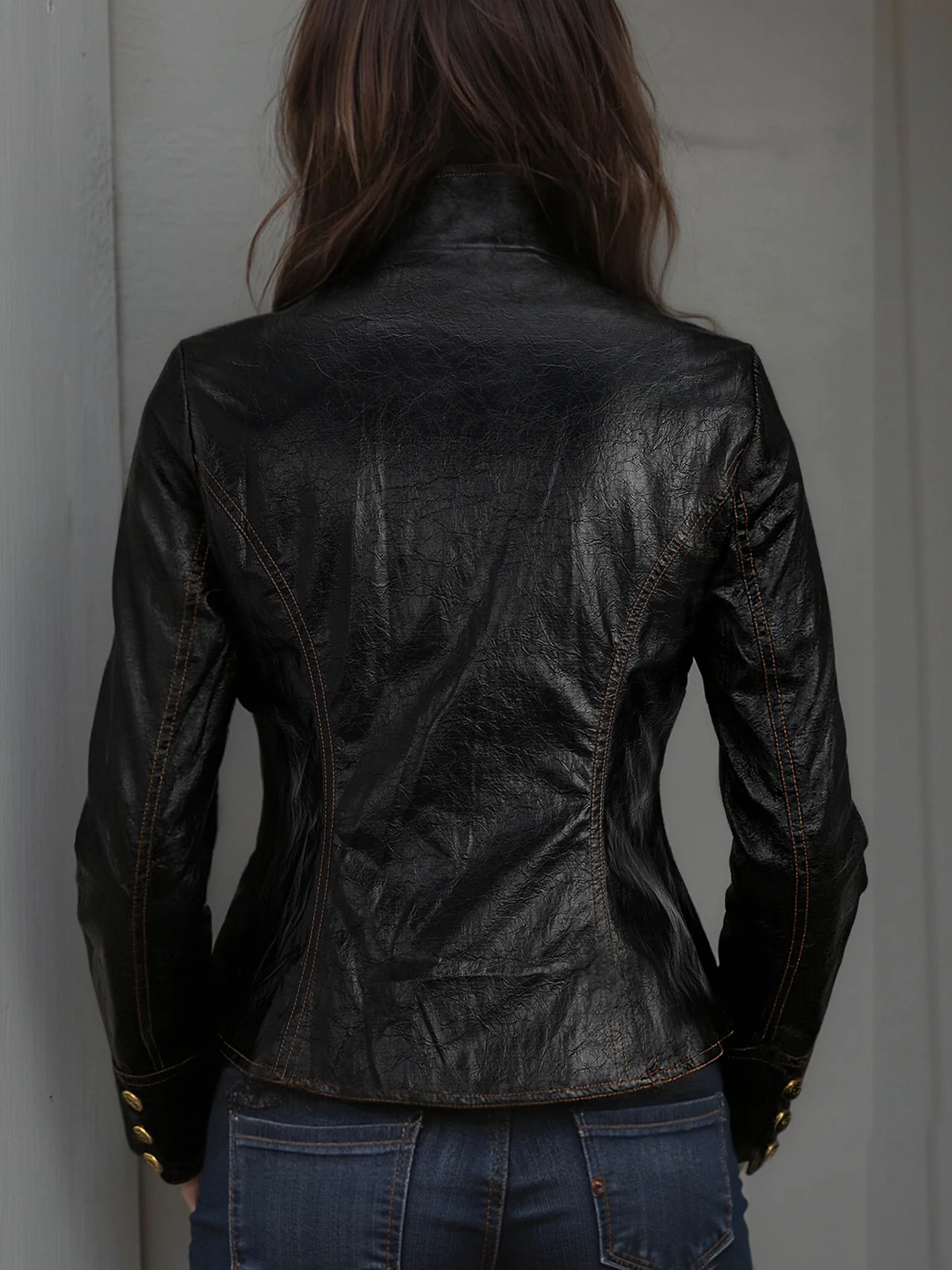 Retro Stand Collar Metal Button Pu Jacket - Image 2
