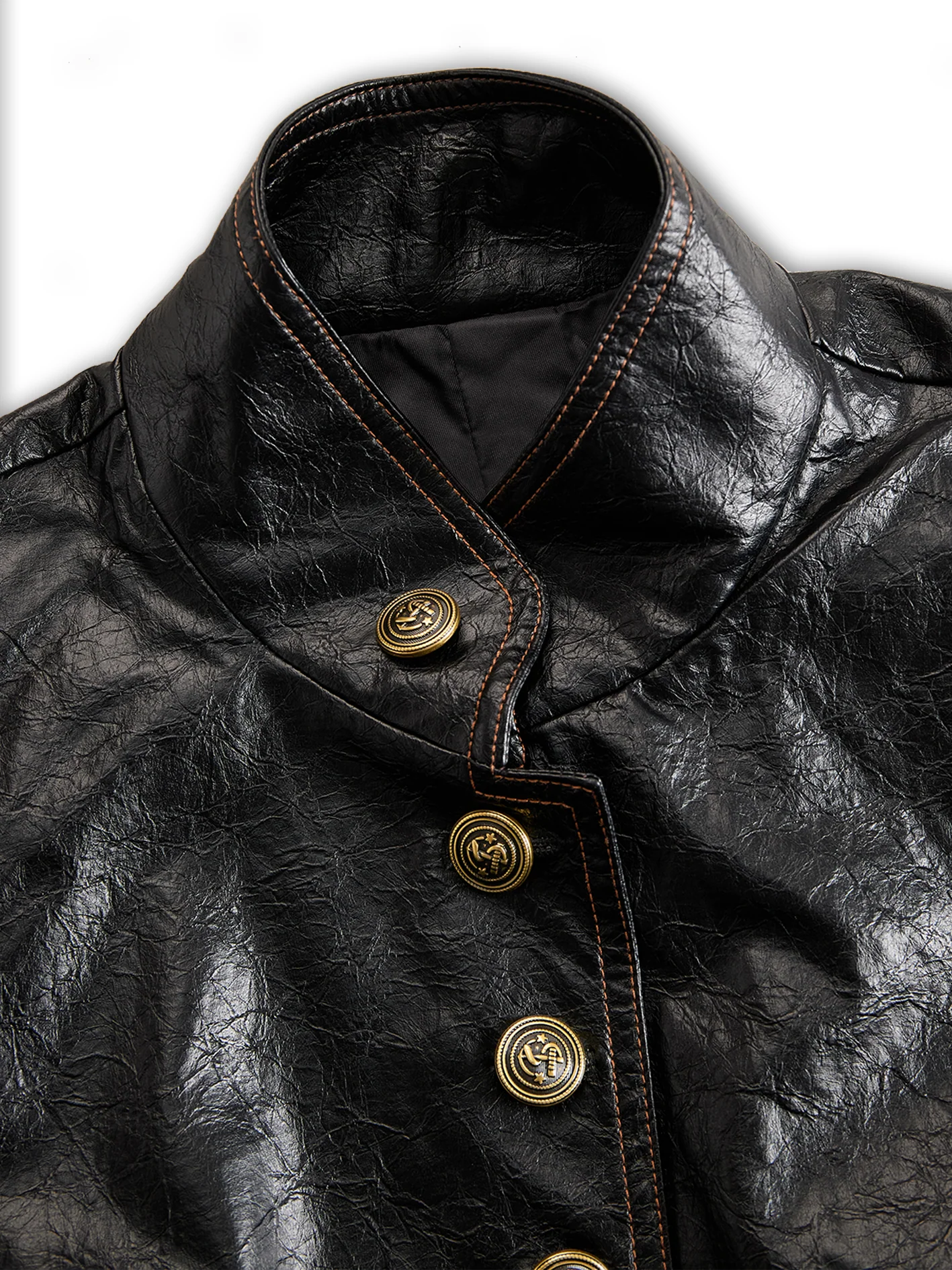 Retro Stand Collar Metal Button Pu Jacket - Image 3