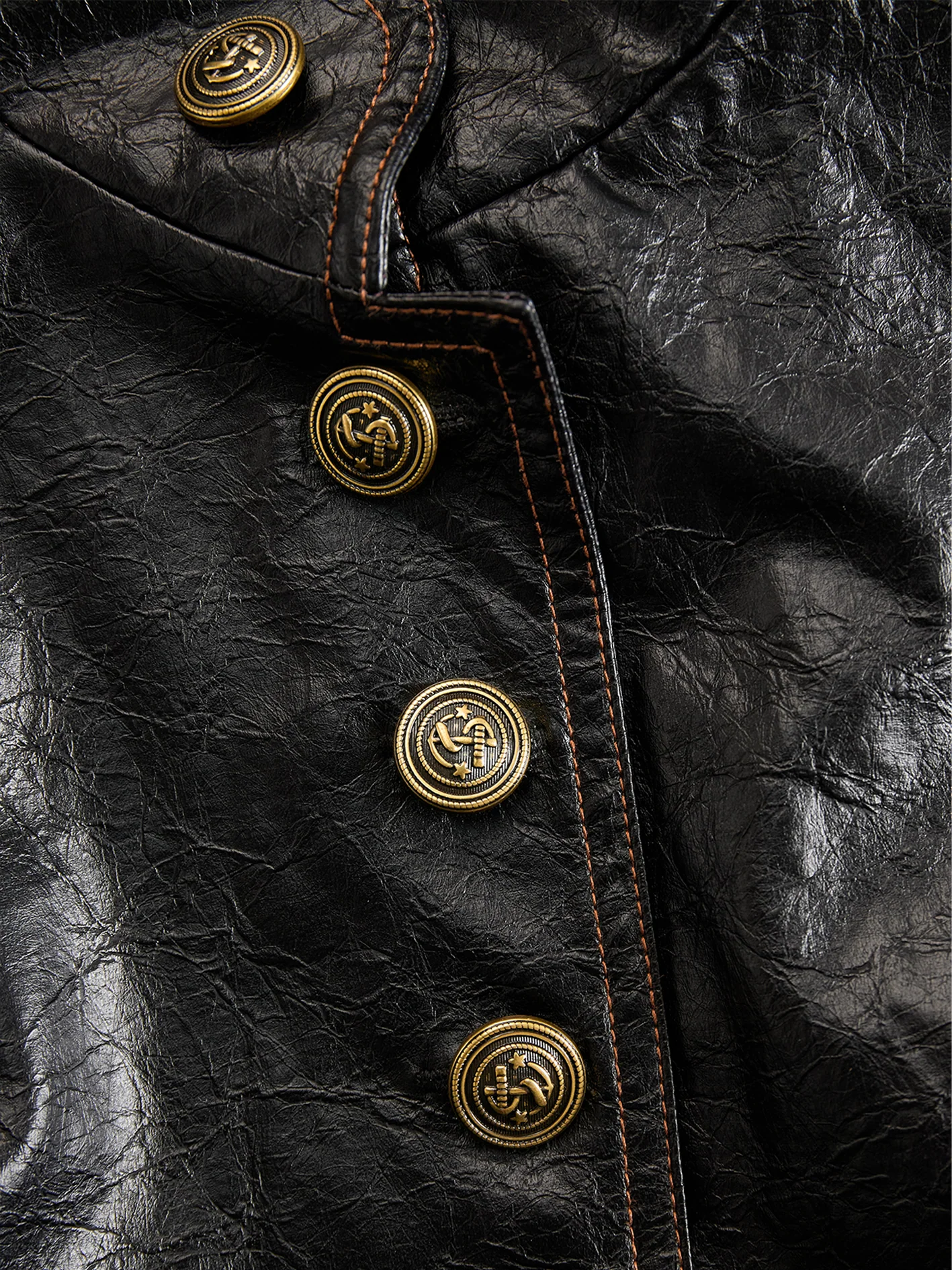 Retro Stand Collar Metal Button Pu Jacket - Image 4