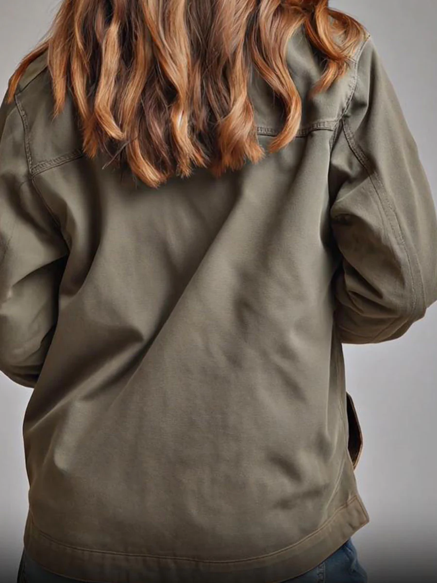 Retro Stand Collar Slanted Placket Pocket Jacket - Image 3