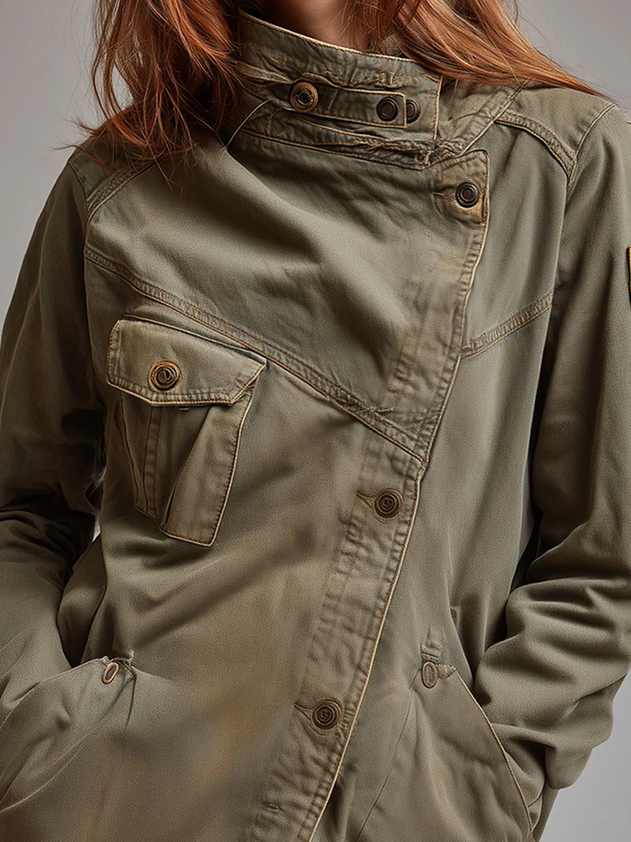 Retro Stand Collar Slanted Placket Pocket Jacket - Image 4