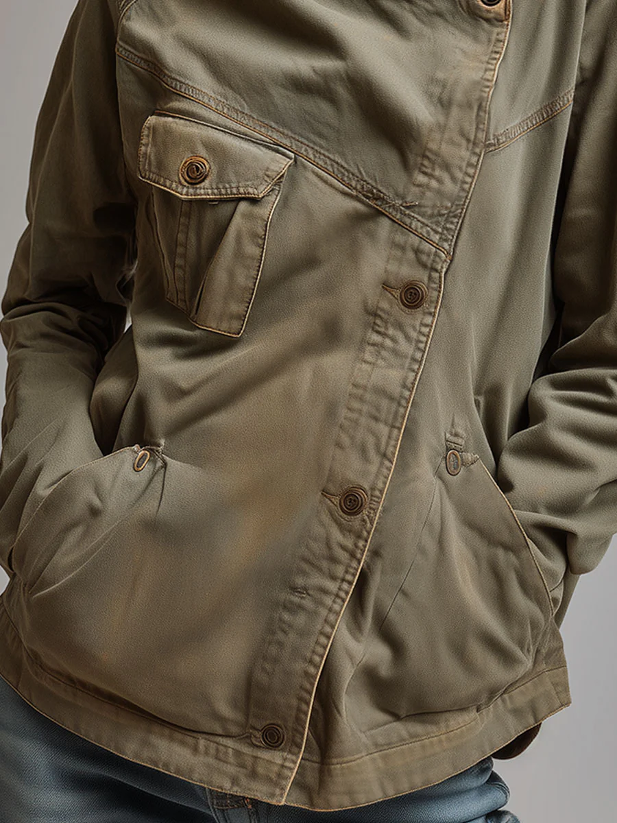 Retro Stand Collar Slanted Placket Pocket Jacket - Image 5