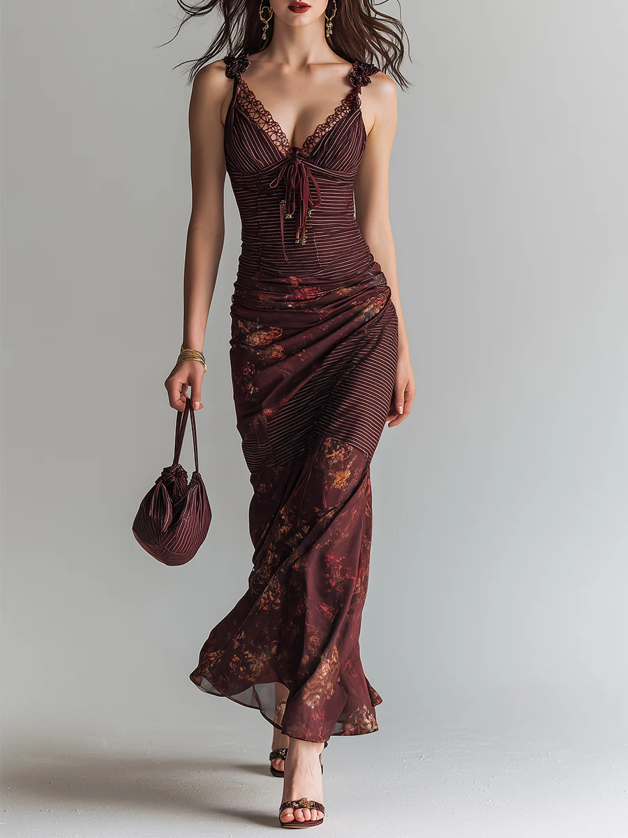 Retro Striped Flower Splicing Suspender Maxi Dress